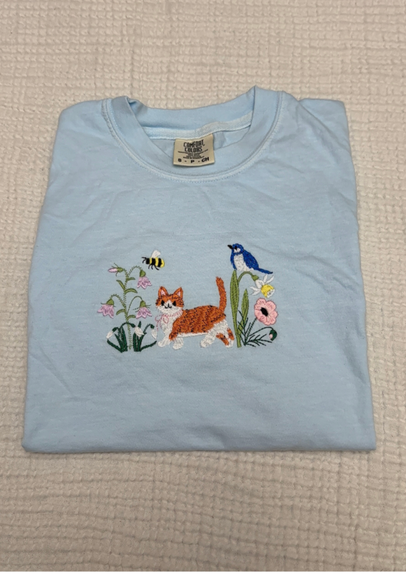 Spring Meadow cat embroidered comfort colors tee