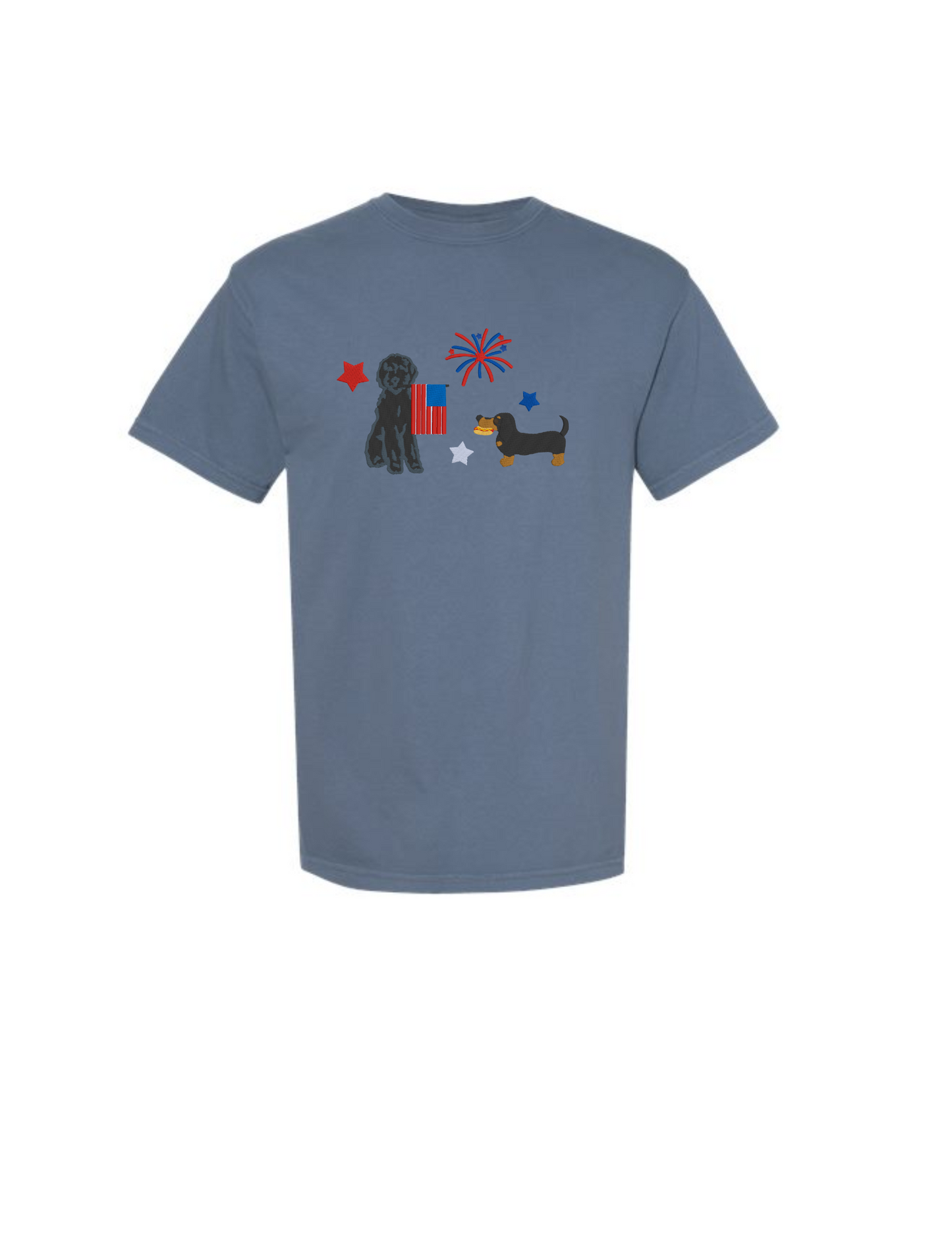 Fourth of july black doodle and brown and black dachshund embroidered comfort colors tee (Copy)