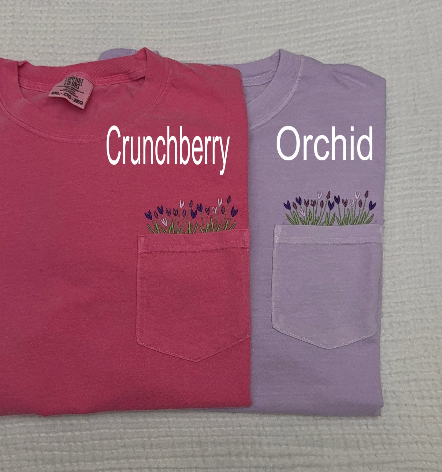 Embroidered Tulips floral pocket Comfort Colors tshirt, spring tulip tshirt
