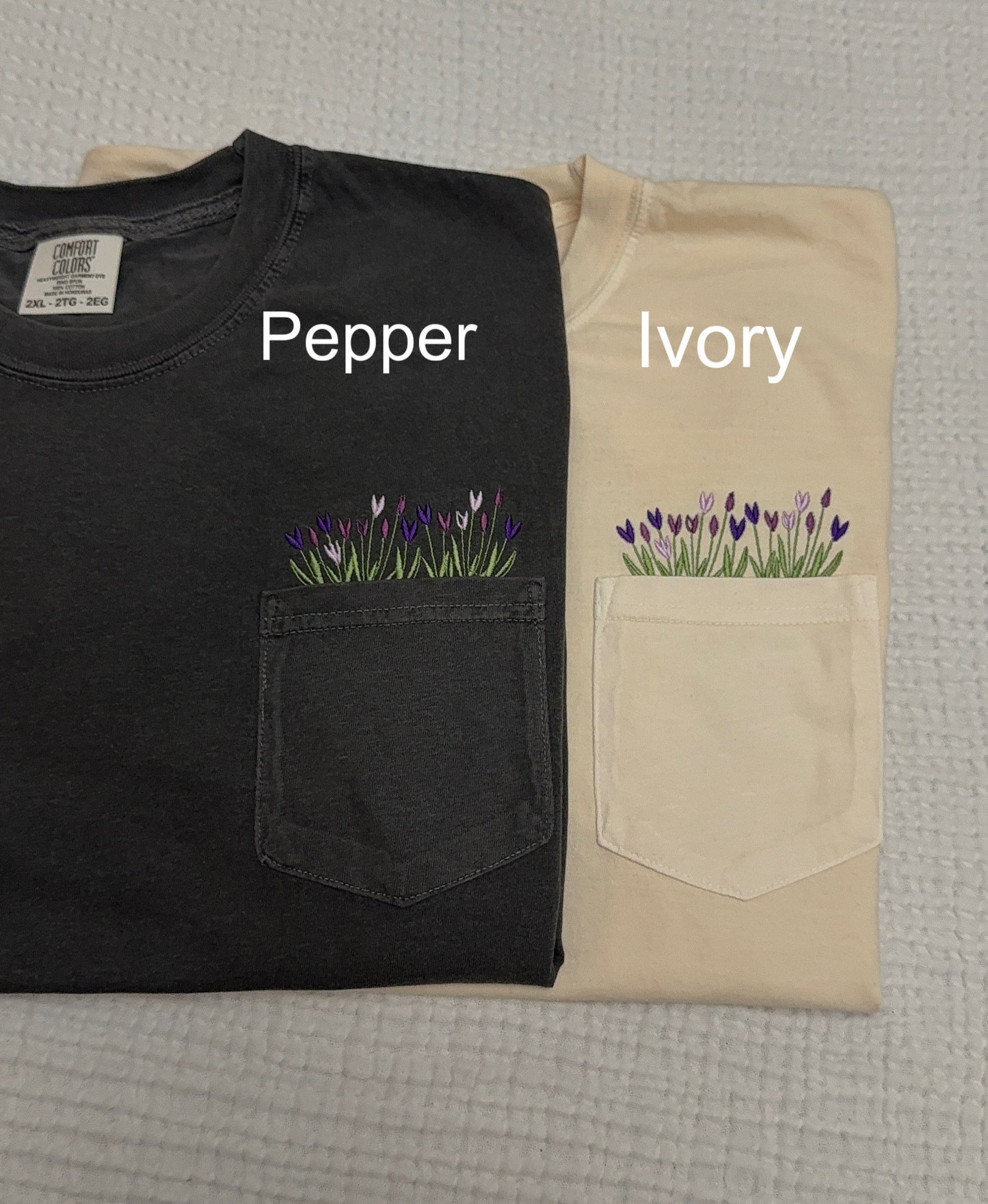 Embroidered Tulips floral pocket Comfort Colors tshirt, spring tulip tshirt