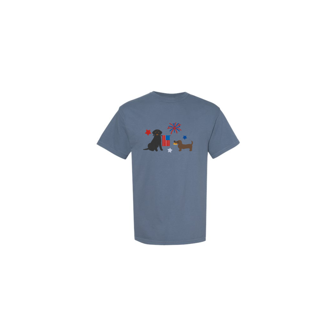 Fourth of july black lab and dark brown dachshund embroidered comfort colors tee