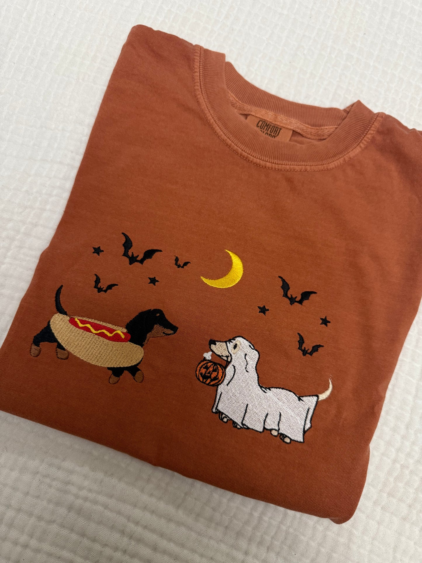Halloween black and brown & brown dachshunds spooky season embroidered Comfort Colors tshirt (Copy)