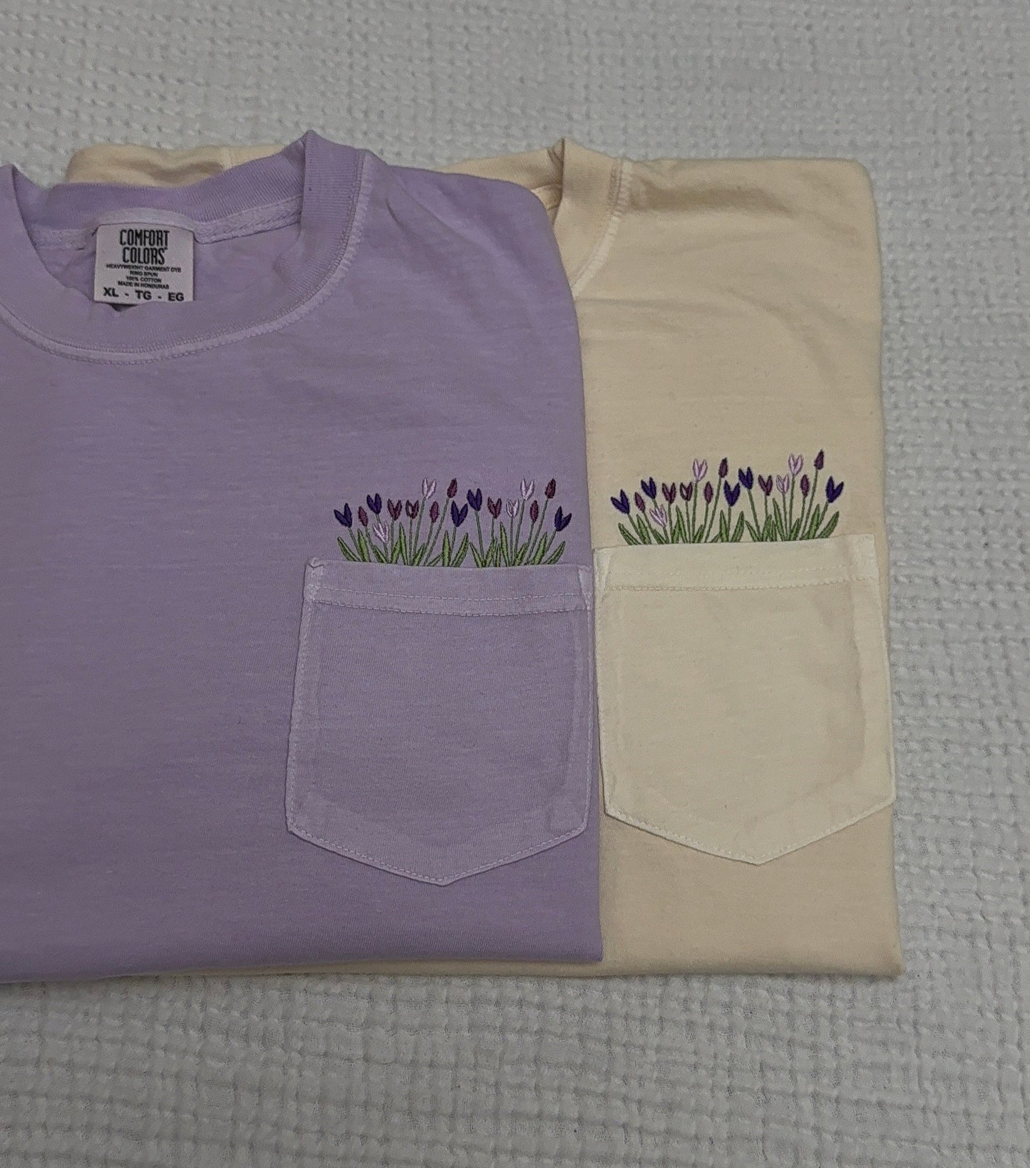 Embroidered Tulips floral pocket Comfort Colors tshirt, spring tulip tshirt