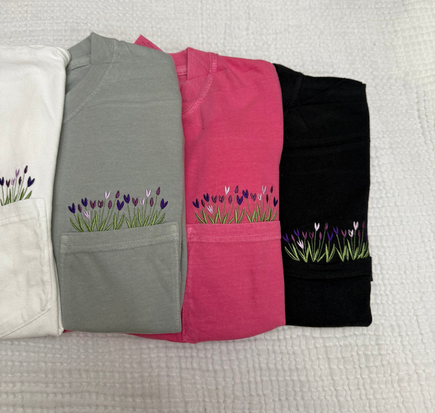 Embroidered Tulips floral pocket Comfort Colors tshirt, spring tulip tshirt