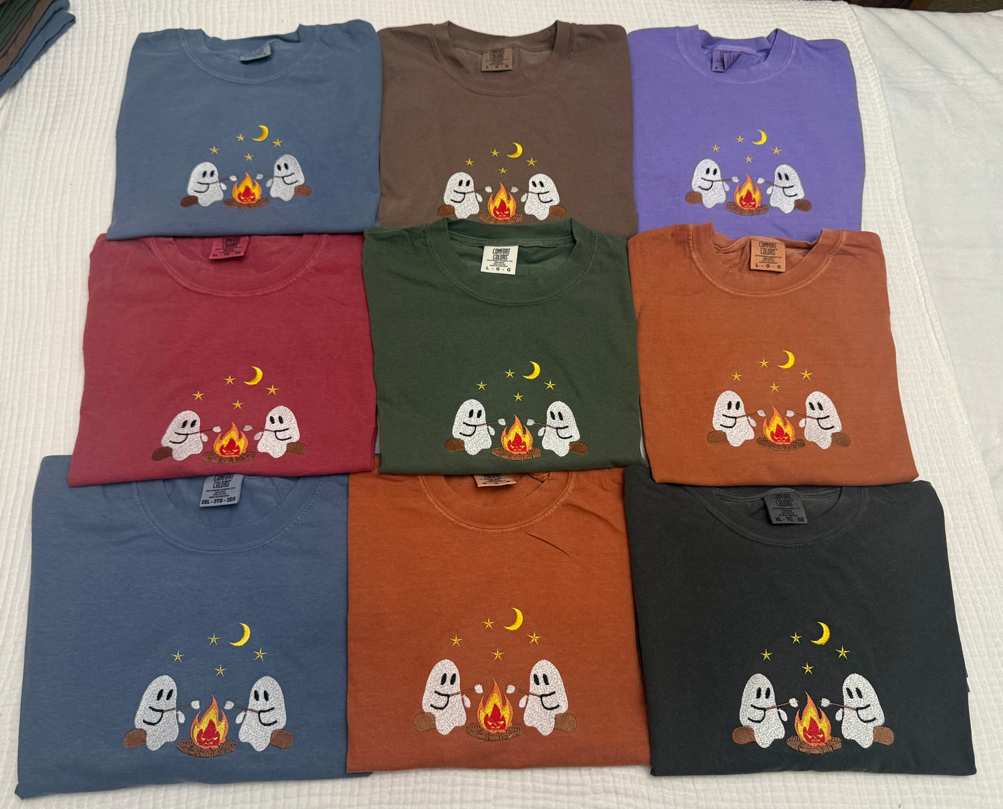 Cute ghosts camping embroidered Halloween spooky season Comfort Colors tshirt