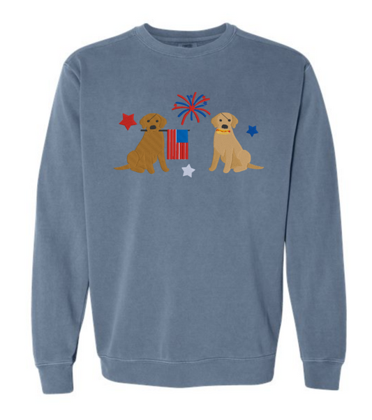 Chocolate lab and yellow lab USA embroidered ComfortColors sweatshirt / fourth of july dogs sweatshirt
