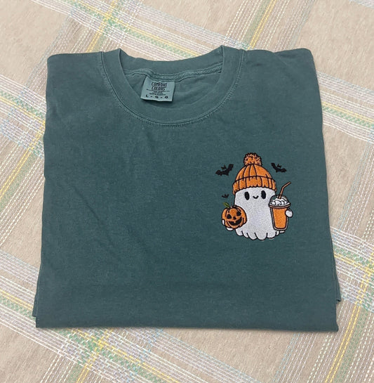 Cute ghost with drink embroidered comfort colors tee