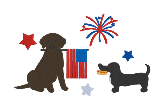 Dark brown lab and black with white spots dachshund USA comfort colors Fourth of july embroidered shirt