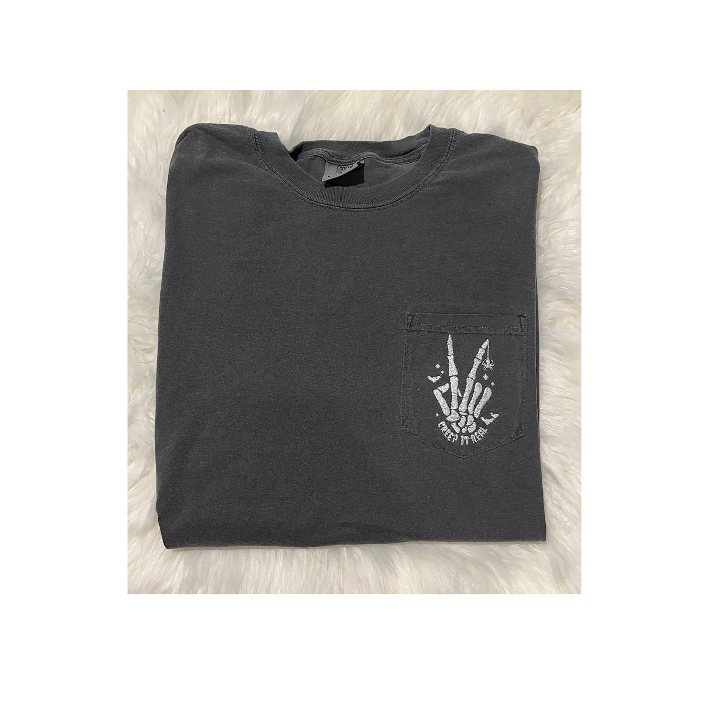 Creep it real skeleton hand embroidered Comfort Colors pocket tee, Halloween tshirt, spooky season, embroidered spooky season shirt