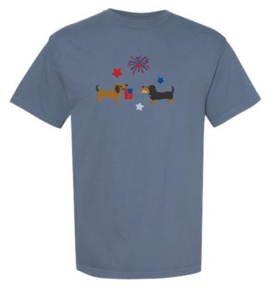 Brown and black/brown dachshund Fourth of July 2 dachshunds embroidered Comfort Colors t-shirt, Fourth of july embroidered shirt, Comfort colors shirt, Comfort Colors fourth of july shirt (Copy) (Copy)