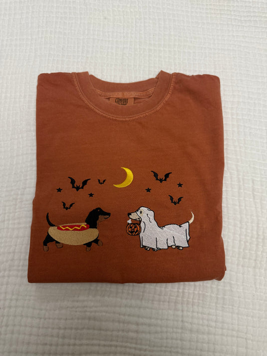Halloween black and brown & brown dachshunds spooky season embroidered Comfort Colors tshirt (Copy)