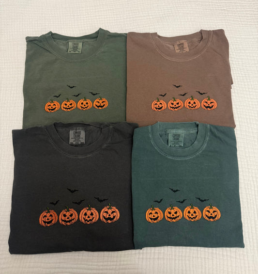Pumpkins and bats embroidered spooky season comfort colors tee