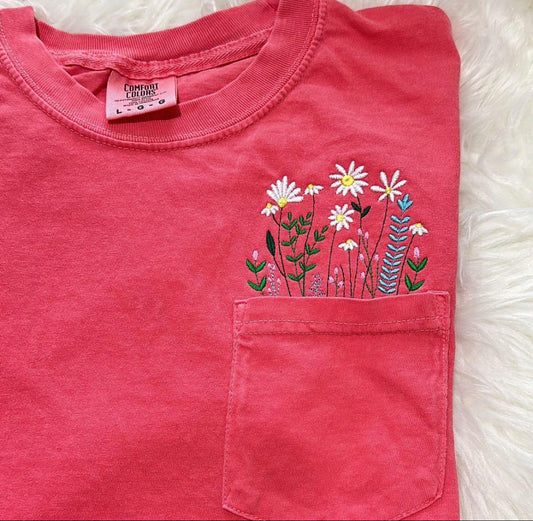 Embroidered Floral Pocket Comfort Colors T-shirt, Embroidered comfort colors t-shirt, floral pocket tee, floral shirt, embroidered shirt