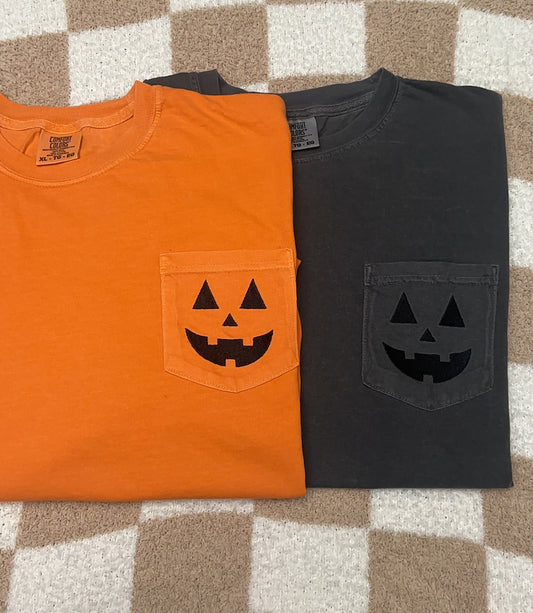 Embroidere Pumpkin Face Comfort Colors pocket T-shirt, Halloween tshirt, Pumpkin tshirt, Spooky Season tshirt, Spooky season jack o lantern shirt