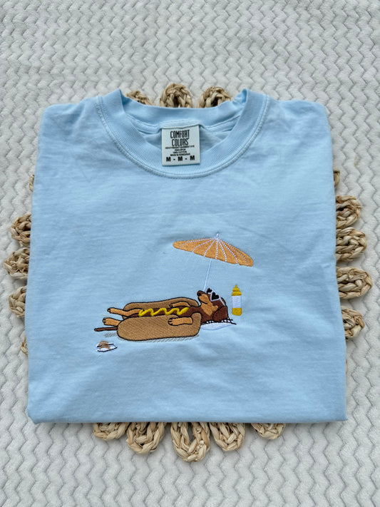Hot dog on beach funny dachshund embroidered summer comfort colors tee