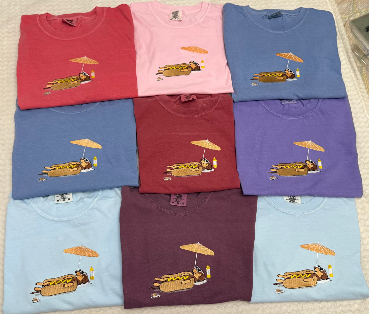 Hot dog on beach funny dachshund embroidered summer comfort colors tee