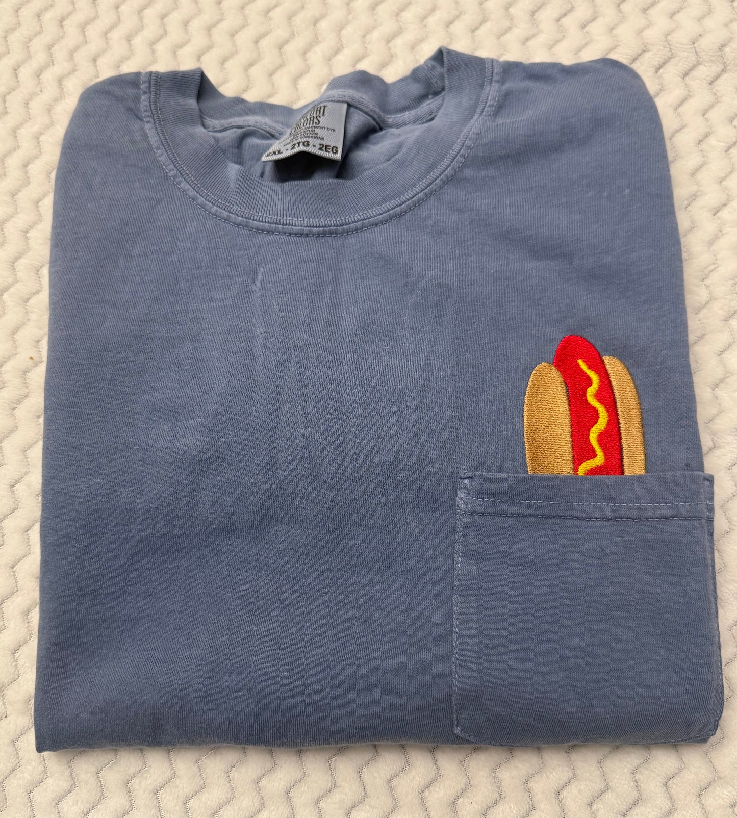 Pocket Hot Dog embroidered comfort colors tshirt/ hot dog tshirt/ fourth of july hot dog tshirt