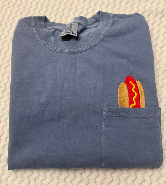 Pocket Hot Dog embroidered comfort colors tshirt/ hot dog tshirt/ fourth of july hot dog tshirt