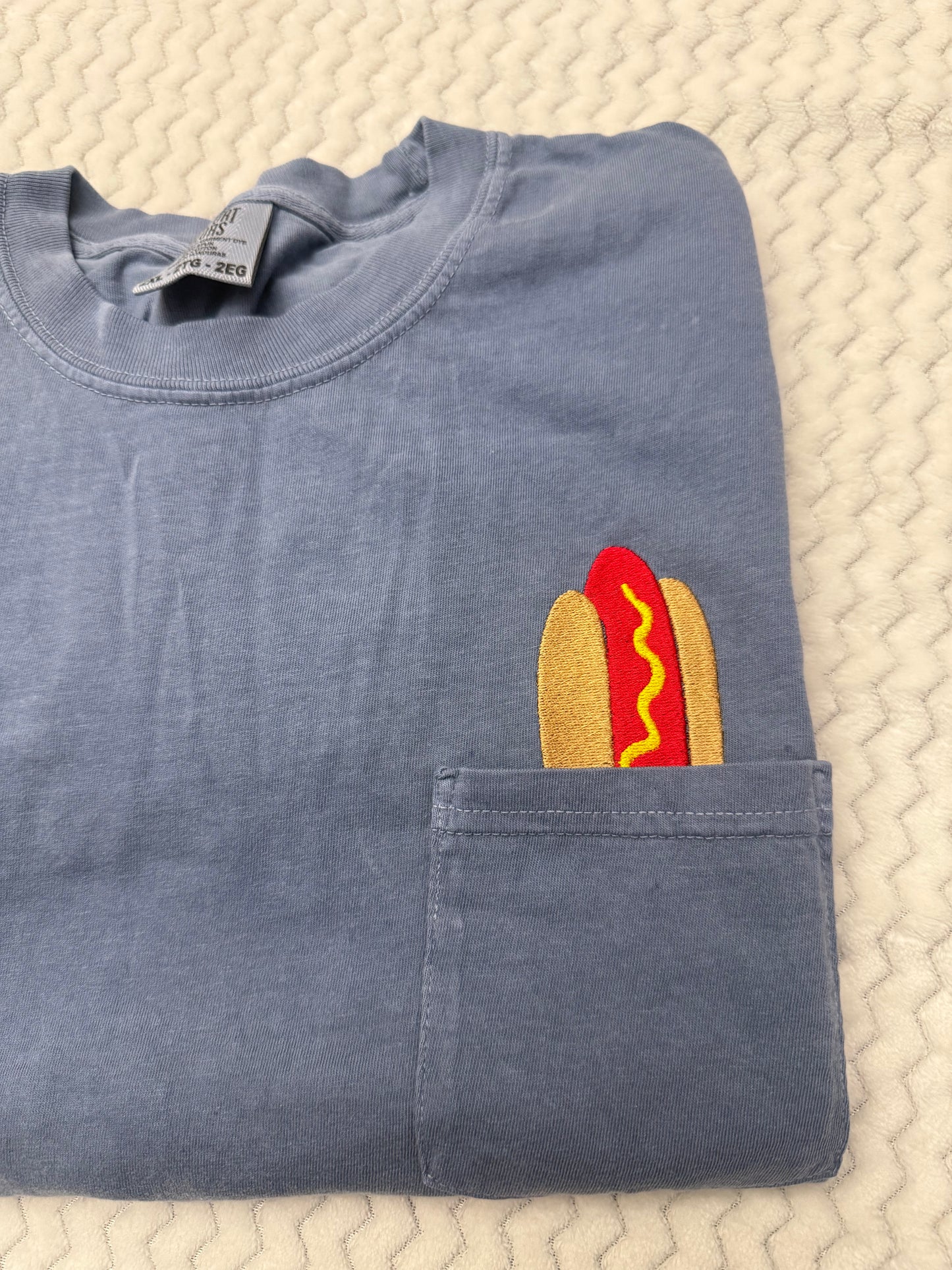 Pocket Hot Dog embroidered comfort colors tshirt/ hot dog tshirt/ fourth of july hot dog tshirt