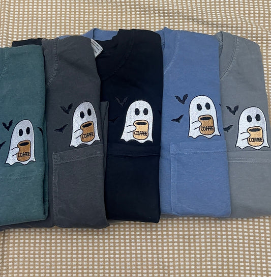 Cute pocket ghost, coffee ghost, bubble tea ghost comfort colors embroidered tee, halloween tshirt, spooky season thsirt