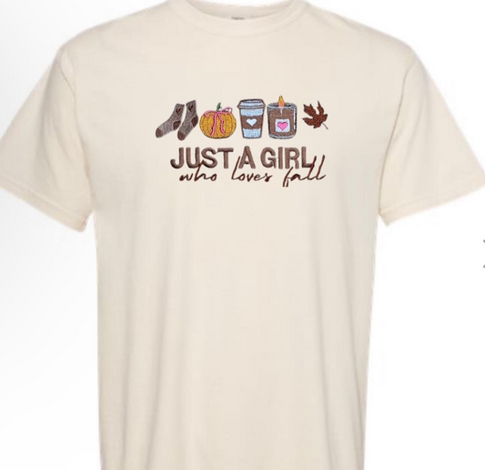 Just a girl who loves fall embroidered comfort colors tee