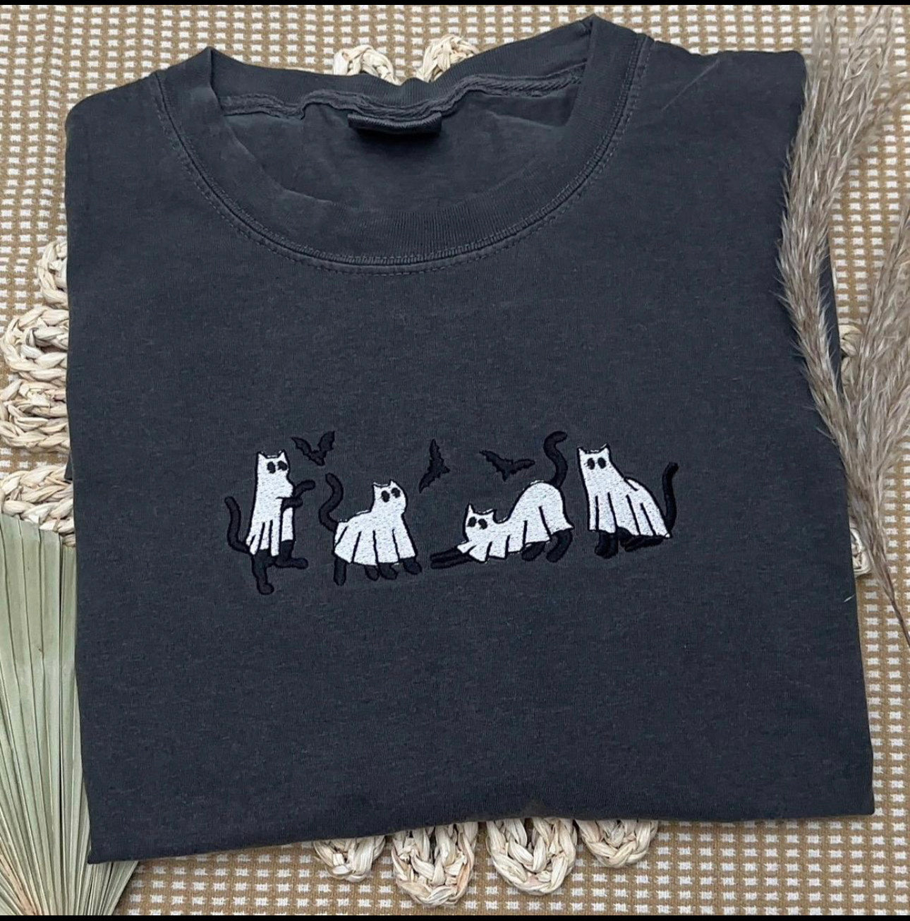 Embroidered Halloween Ghost Cat Comfort Colors tshirt