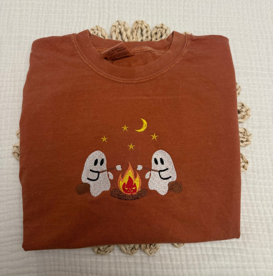 Cute ghosts camping embroidered Halloween spooky season Comfort Colors tshirt