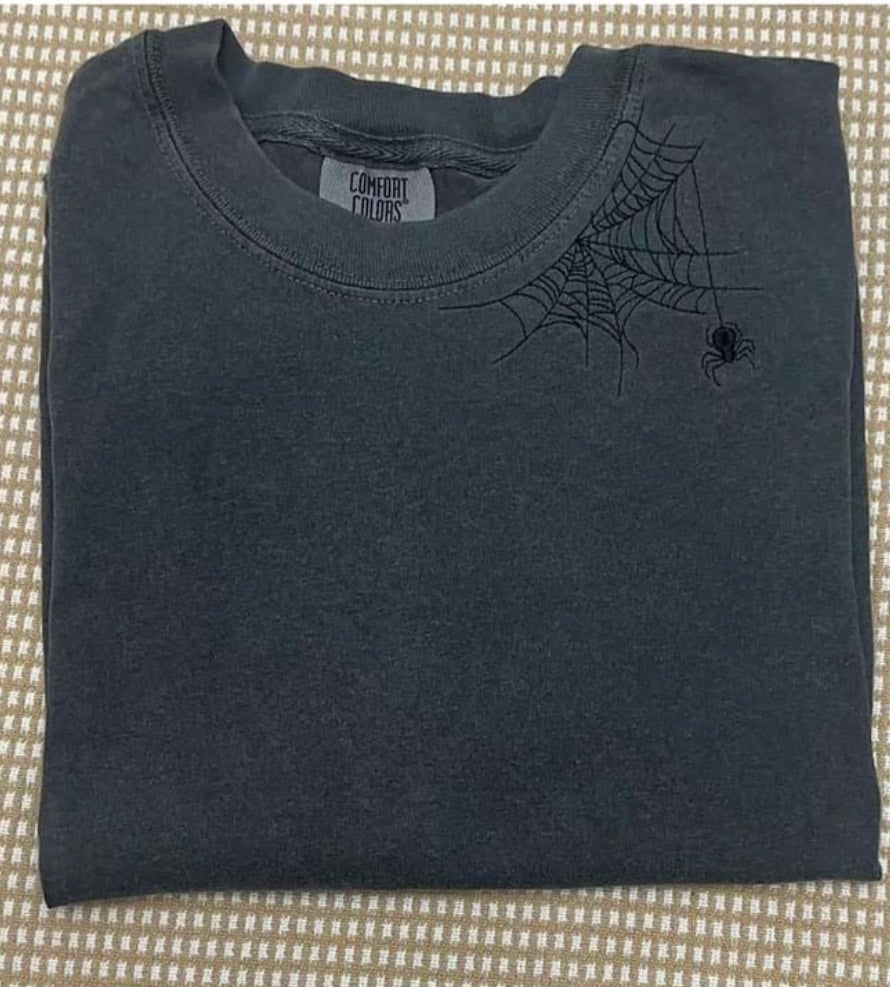 Embroidered spiderweb neckline spooky season comfort colors tee