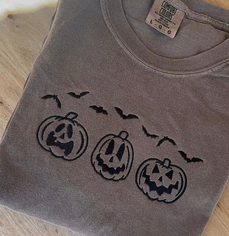 Embroidered pumpkin outline with bats comfort colors tee, spooky season embroidered tshirt