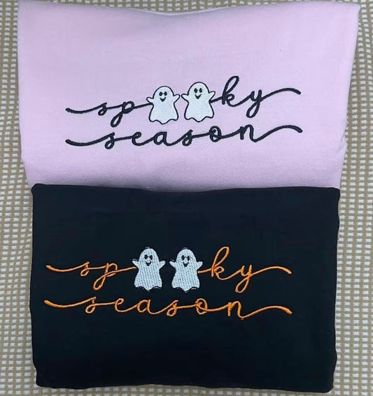 Embroidered cute spooky season with two little ghosts cursive wording, spooky season embroidered sweatshirt