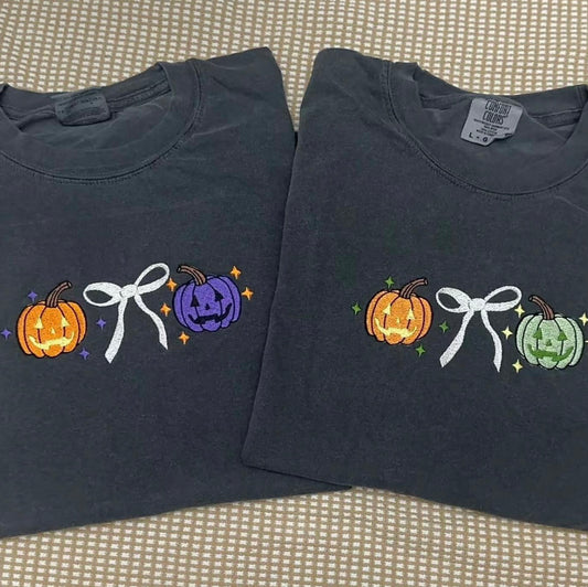 Coquette pumpkins embroidered comfort colors tshirt, pumpkins with bow tshirt